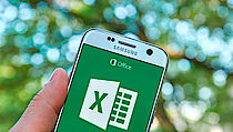 Ein Handy auf dem die Excel App geöffnet ist, wird vor einen Baum gehalten